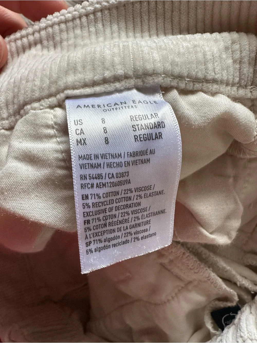 American Eagle Cream Corduroy Wide Leg Trouser Pant
